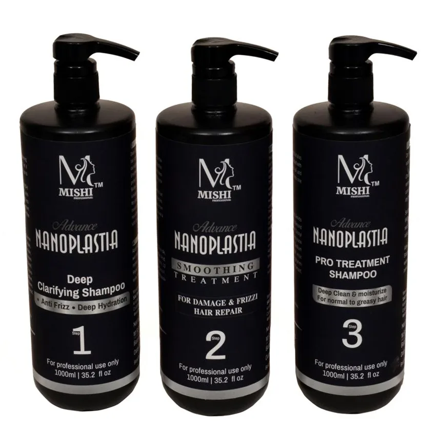 Mishi Professional Nanoplastia range: deep clarifying shampoo, smooth therapy treatment and pro treatment shampoo, steps 1 to 3